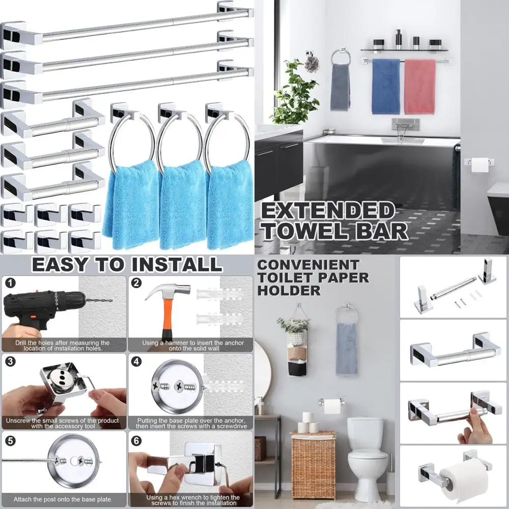 Stainless Steel Bathroom Hardware Set - 15 Piece Towel Bar, Ring, Robe Hook Accessories for Modern Bathroom Décor