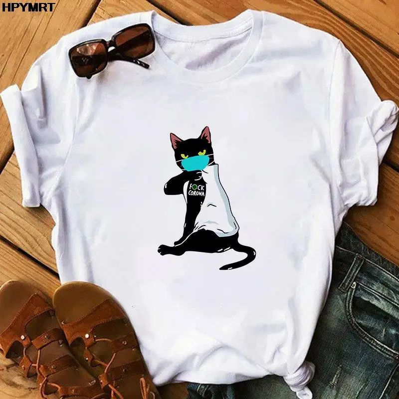 Kawaii Cat Funny Cartoon Graphic T-shirt Women Harajuku Cute Tshirt Kroean Style Clothes Fashion T Shirt Ullzang Top Tees Female