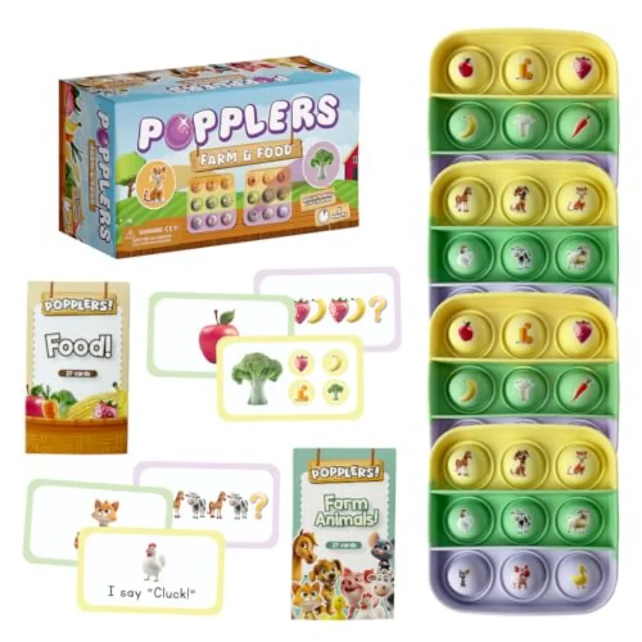 

The Fidget Game Popplers, Matching Memory Game for Toddlers Early Learning and Educational Fidget Toy, Food and Farm Animals Po