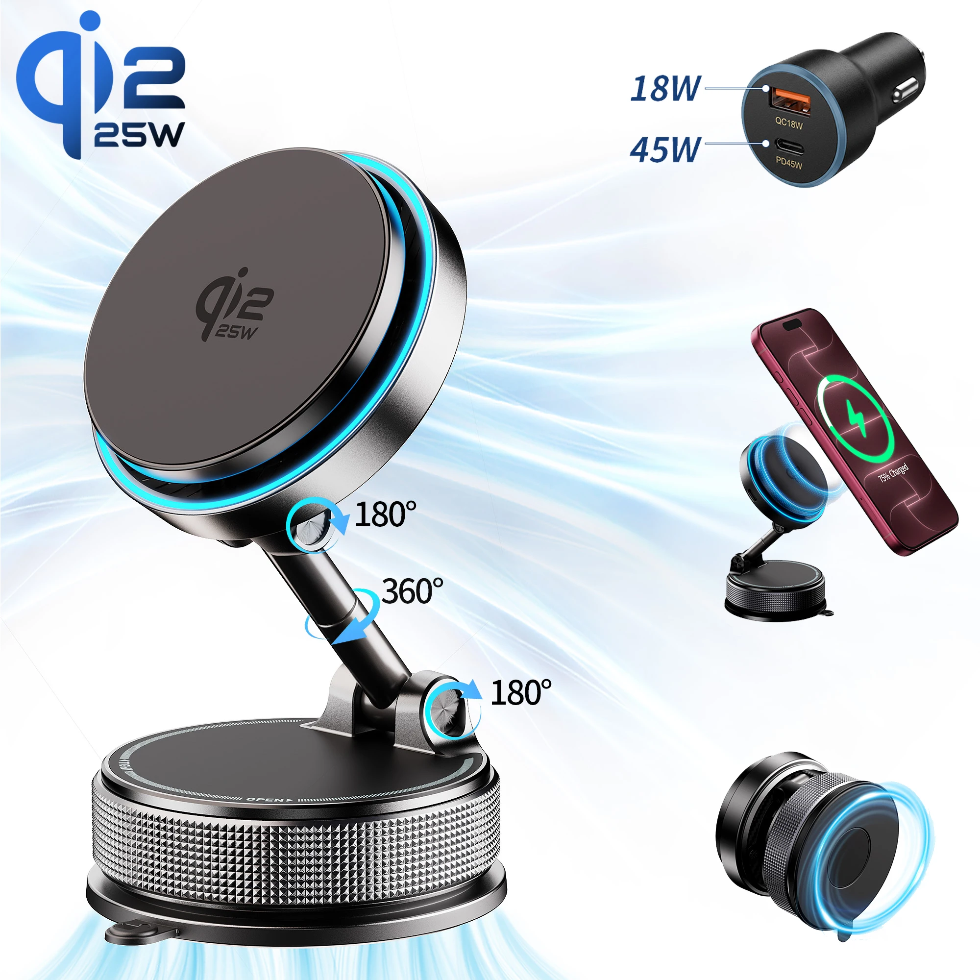 Qi2.2 Magnetic Wireless Charger Car Phone Holder 25W Fast Charging with Cooling Fan for iphone 17 Pro Max 16 15 Huawei Stand