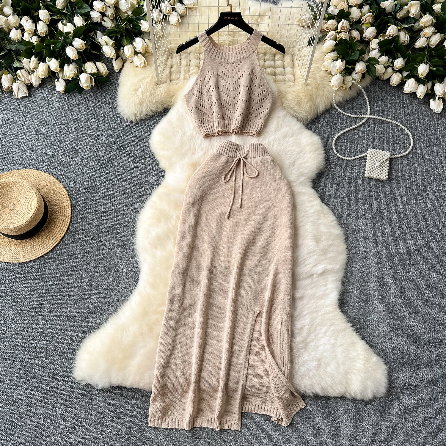 

vintage Knit sleeveless split hollow out Draw String sweet pleated striped Elegant Slim Vintage Two Piece Set Korean Fashion