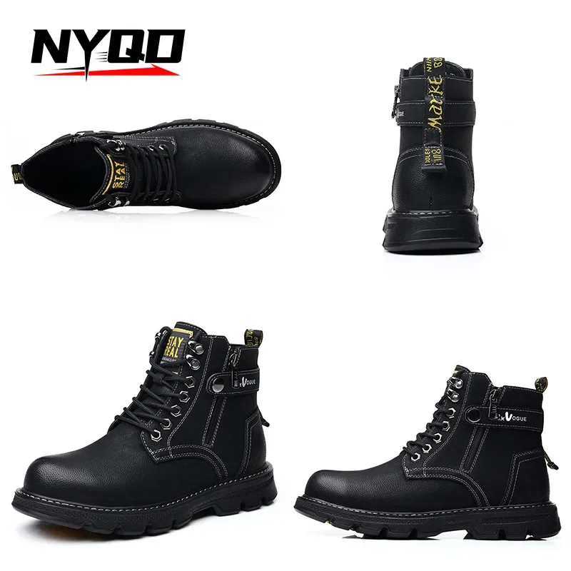 Martin Boots for Men Mid High, Thick Soled Winter Black Workwear Boots Retro British Style Męskie skórzane buty Buty motocyklowe