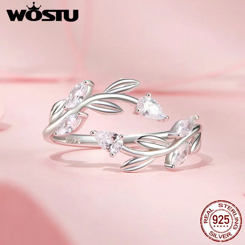 WOSTU 925 Sterling Silver Leaf Shaped Opening Ring For Women Full Shiny Zircon Leaves Stackable Party Girls Rings Korean Jewelry