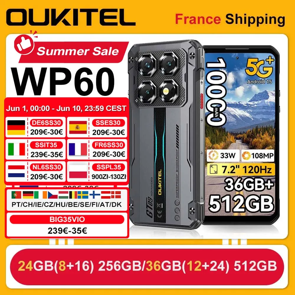 Téléphone robuste OUKITEL WP60 5G 24 Go (8+16) 256 Go / 36 Go (12+24) 512 Go 7,2 pouces HD+ 120 Hz Smartphone 10000 mAh 108 MP Android 15 NFC