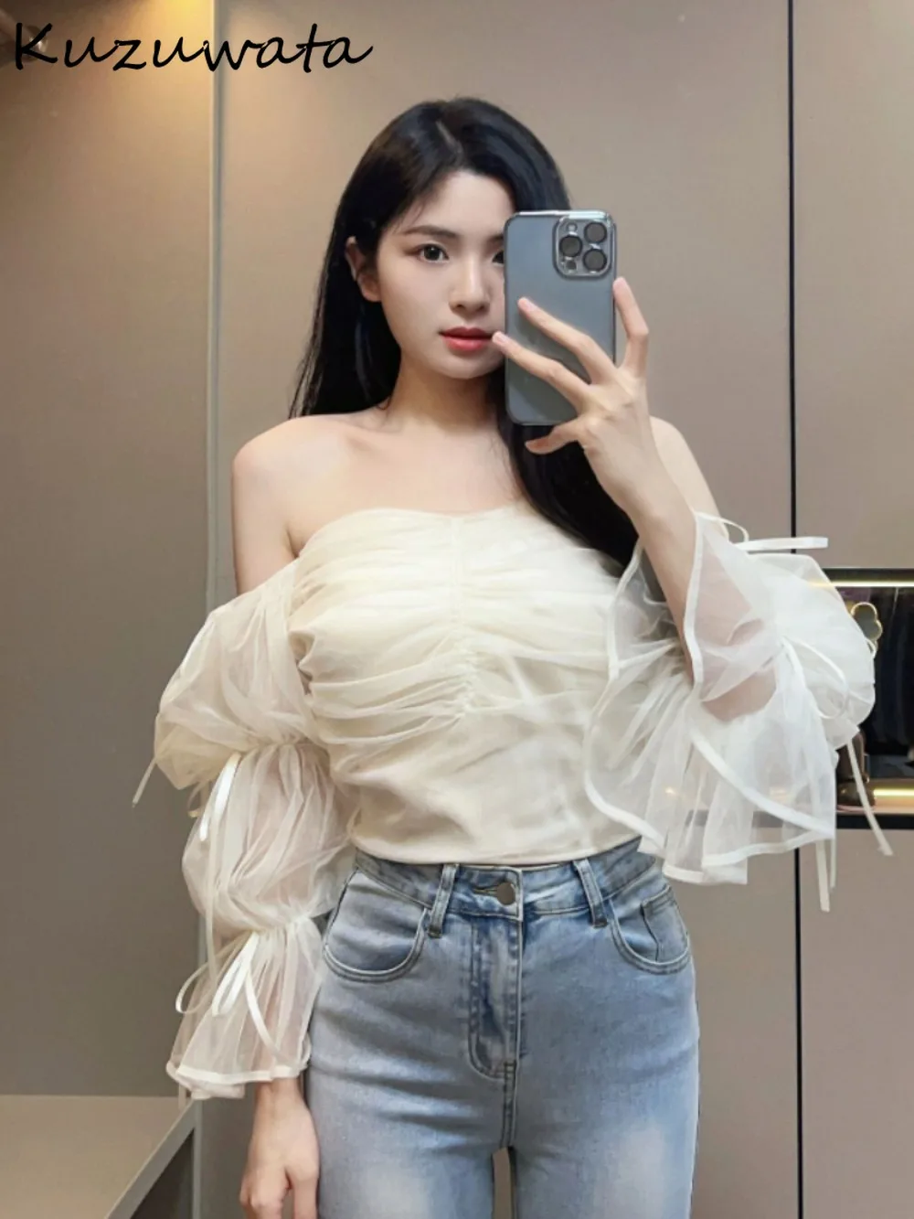 Kuzuwata New Sweet Slash Neck Puff Sleeve Fresh Blusas Off Shoulder Voile Lace Up Drawstring Shirt Japan Bow Two Pronged Blouses