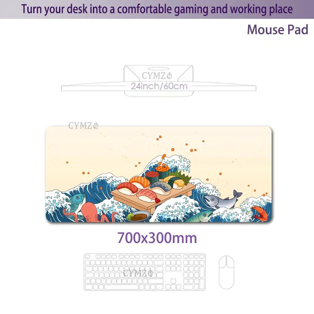 Tapis de souris sushi et vague artistique fruits de mer, tapis de bureau avec bord cousu, accessoires de bureau antidérapants en caoutchouc, clavier de jeu