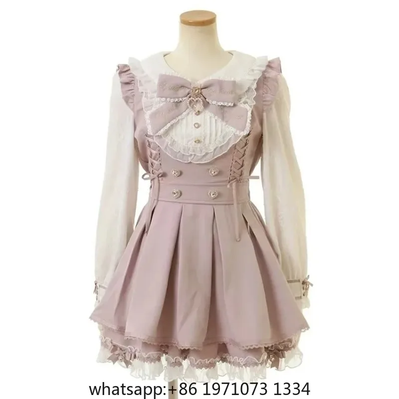 Japanese Liz Mine Series Mass-produced Splicing Lace Sleeve Ruffled Sweet Bow Dress Short Skirt Set Women's Lolita 2-piece Set