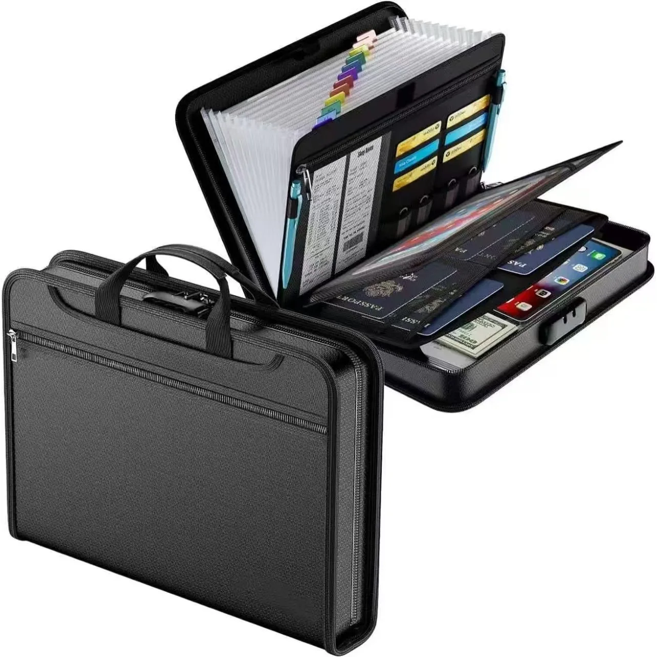 Organisateur de documents ignifuge de type accordéon, multicouche, imperméable et portable, adapté au stockage de documents et de contrats importants, idéal pour la maison et le bureau.