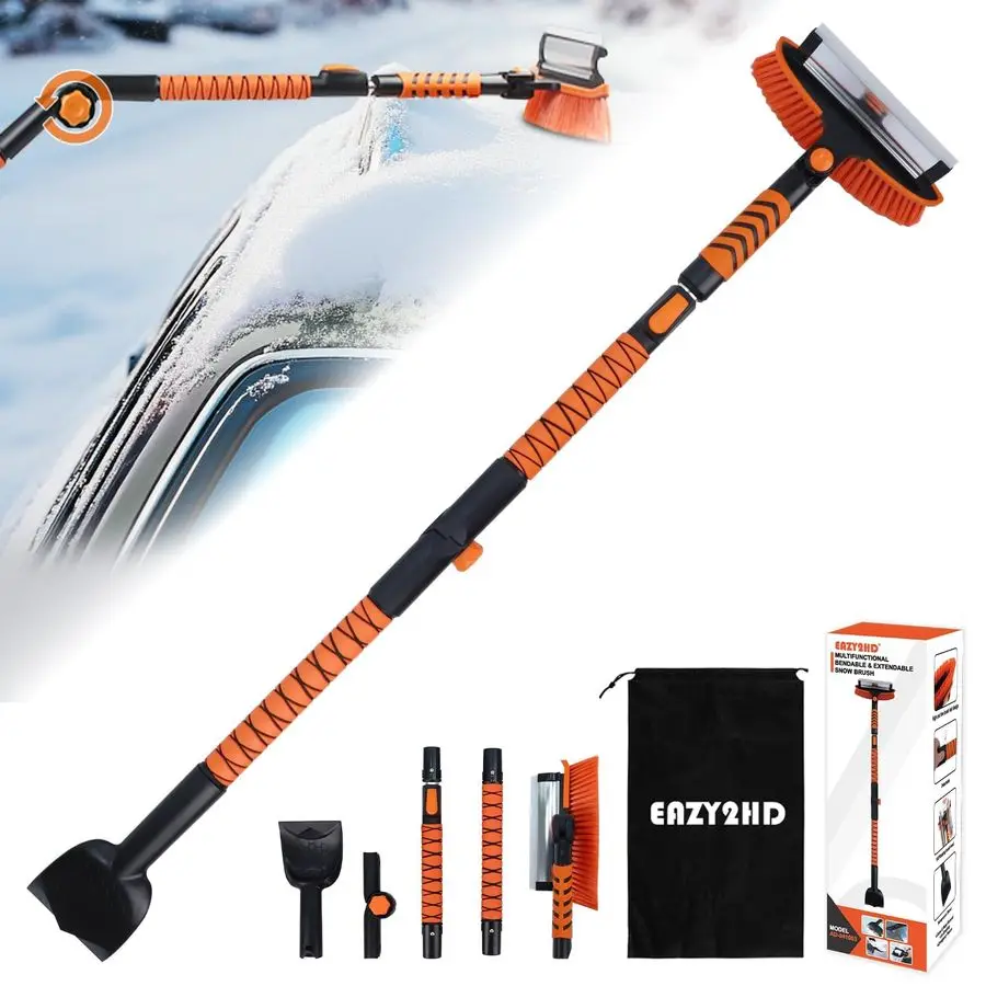 

3 in 1 Bendable Snow Brush with Ice Scrapers, 64.17 Extendable Window Ice Removal with Squeegee for Windshield, 180 Pivoting Bru