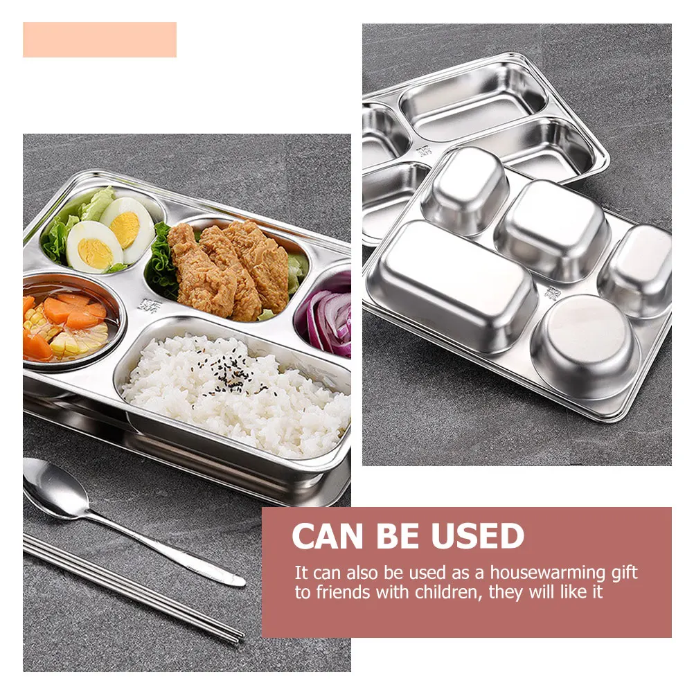 

2 Sets Stainless Steel Grid Lunch Box Kitchen Plate Serviergeschirr Dinner with Lid Food Tray Divided Compartment