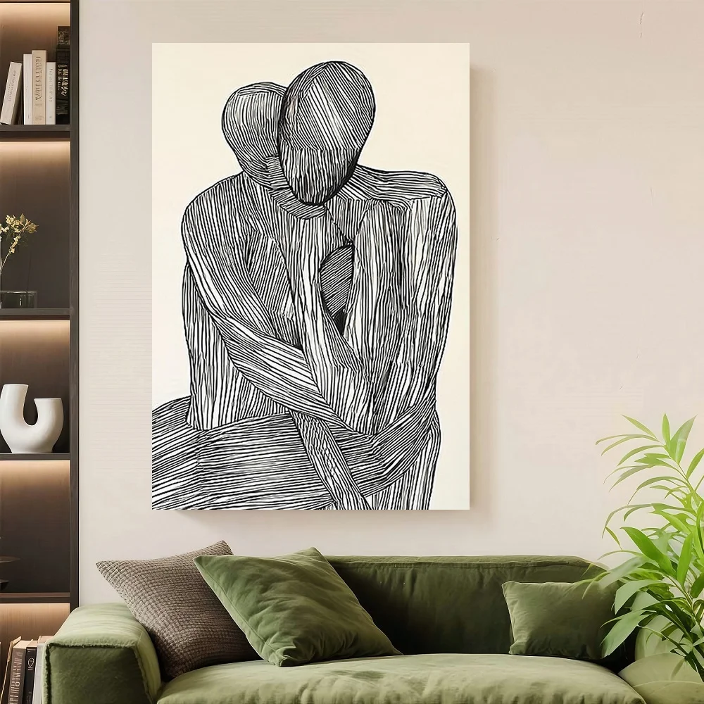

Framed Flat, Modern Abstract Love-Themed Painting - Black & White Minimalist Suitable for Bedroom & Living Room Decor, Solid Woo