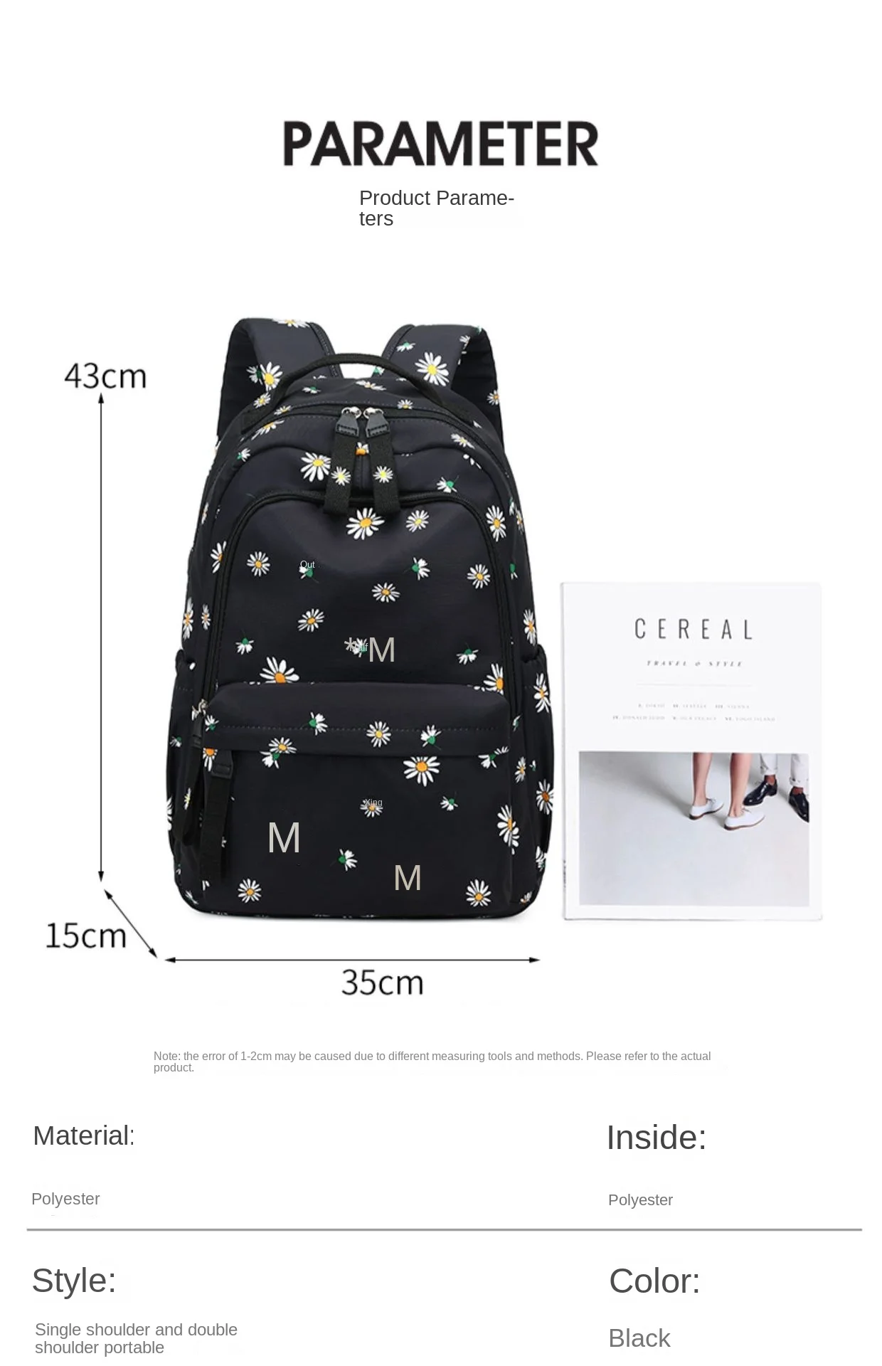 Flower Backpack Women Teenager Cute Kawaii Backpack 2023 New School Bags for Girls Kid Children Students Schoolbag Korean Black