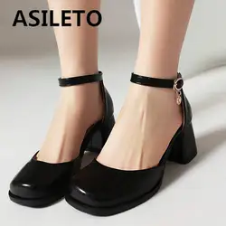 ASILETO Design Women Pumps Square Toe Block Heel 6cm Buckle Strap Sexy Dating Female Shoes Plus Size 40 41 42 43 S4956