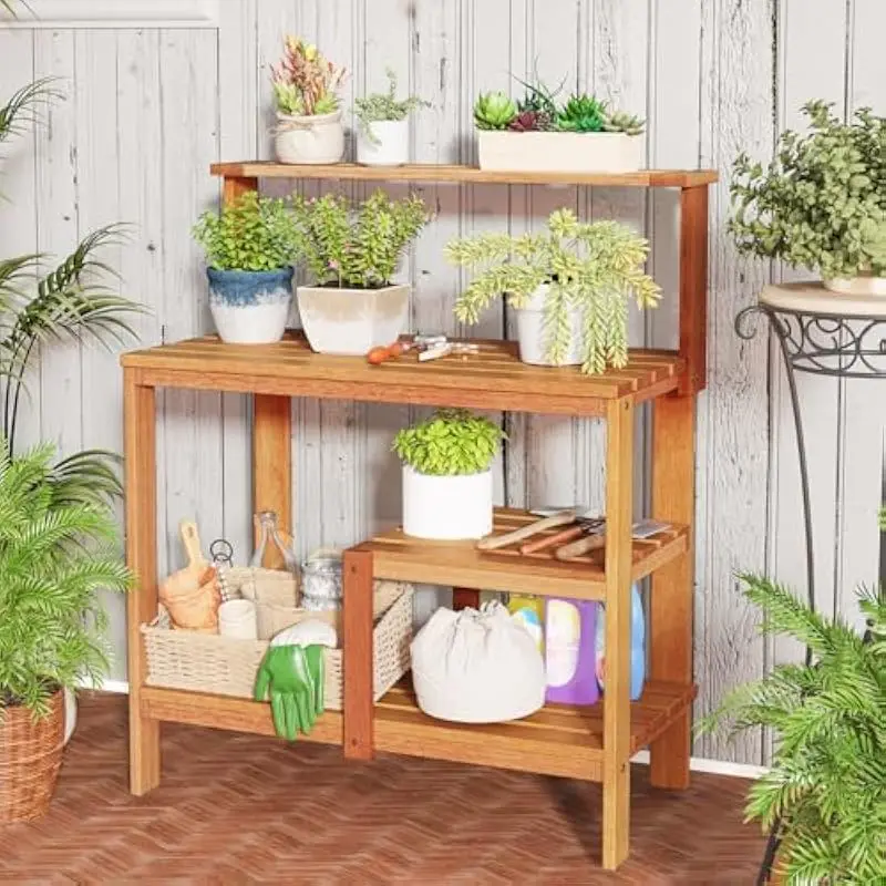 Outdoor Solid Wood Potting Station with Drainage Slats and Two-Tier Open Shelving for Tools and Potted Plants – Natural Teak Oil