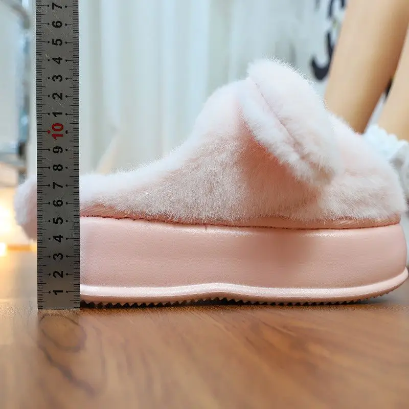 New super soft pink bunny slippers winter women\'s warm high platform furry mules shoes with bells woman plush rabbit flip flops