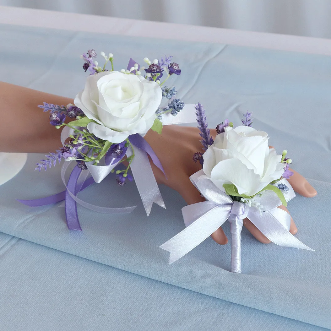 White Wrist Flower Corsage Prom Decoration Rose Corsage Wrist Flower Corsage Wristband Set For Wedding Anniversary Prom Party