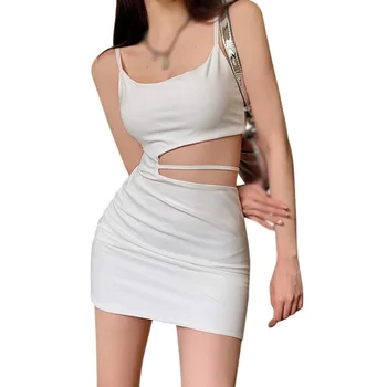 Image Women's Summer Solid Color Side Exposed Waist Slim Fitting Sexy Camisole Dress