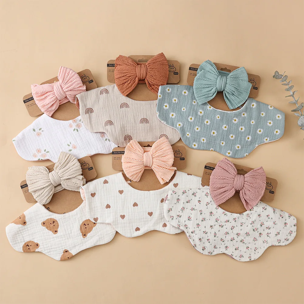 

2Pcs/Set Muslin Cotton Baby Bibs & Cable Solid Soft Elastic Big Hair Bows Headbands Flower Print Heart Saliva Towel Headwear