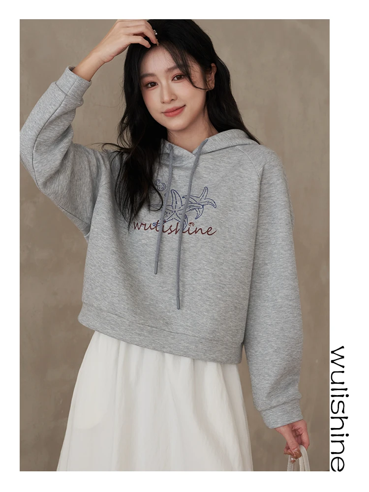 

Original Painting Print Hooded ort High Waist Air Layer Sweatirt Premium Combed Cotton Casual Sle Women's Top