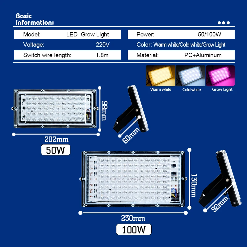 Luz LED de cultivo Phyto, 220V, 50W, 100W, reflector Led de espectro completo para interiores y exteriores, planta de invernadero, foco de planta hidropónica