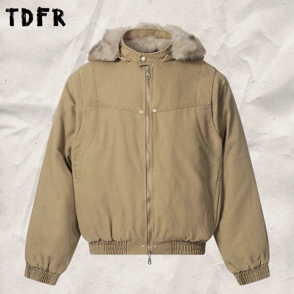 Faux Layered Quilted Jacket Mens Winter Safari Style Fur Collar Detachable Hood Thick Long Sleeve Outerwear Man