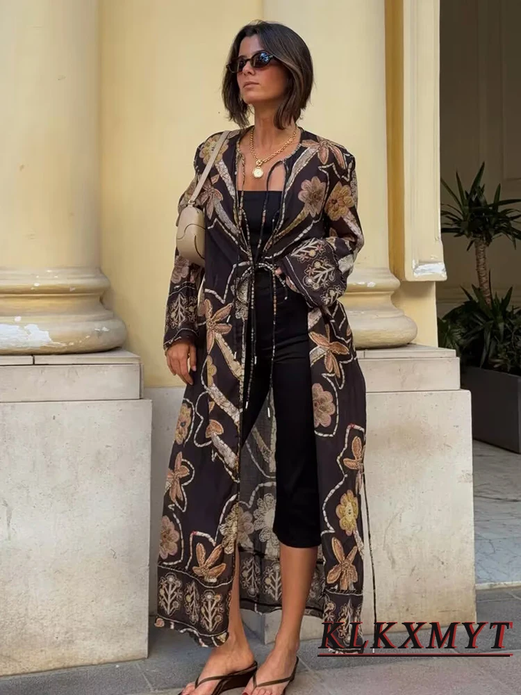 Women's Fashion Sexy Print Dress Elegant Lace Up Long Sleeve Cardigan Translucent Dress Elegant Chic Women Summer Graduation New