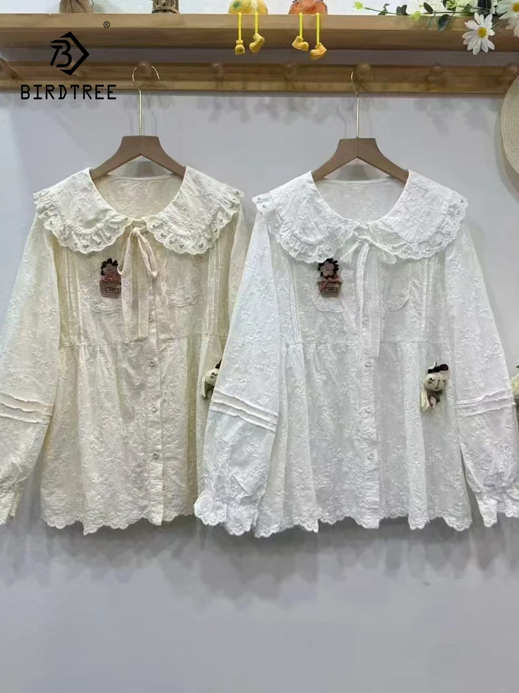 

New 2025 Autumn Cotton Long Sleeve Shirt, Women Peter Pan Collar Embroidery, Mori Girl Sweet Age Reduction Loose Blouse T58525CC