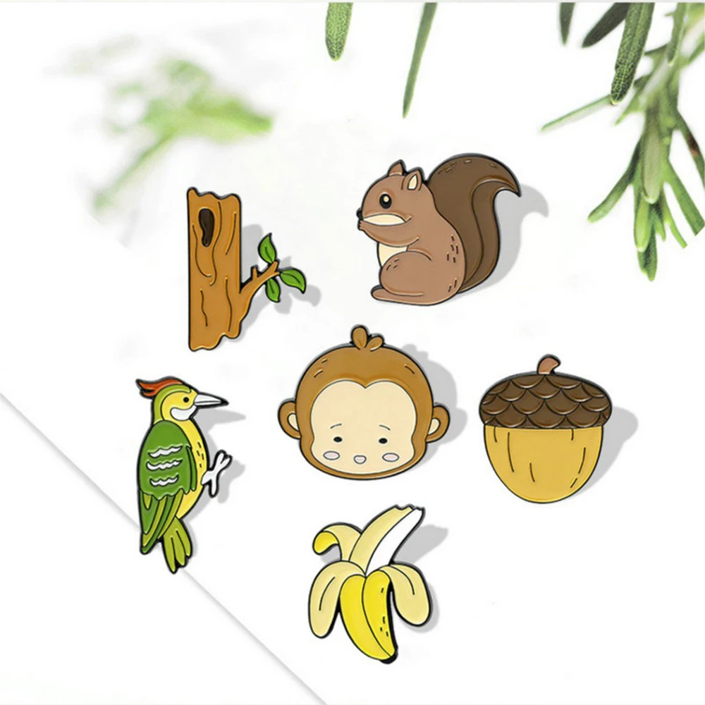 Forest Animal Enamel Pins Monkey Banana Squirrel Pine Cones Woodpecker Trunk Brooch Lapel Badge Bag  Jewelry Gift for Kid Friend