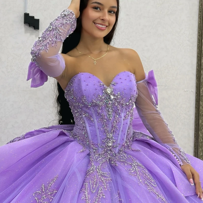 

Лавандовое блестящее платье для выпускного бала с открытыми плечами, с пайетками, аппликациями, кружевом, бисером, кристаллами и тюлем, для вечеринки, дня рождения, Sweet 16