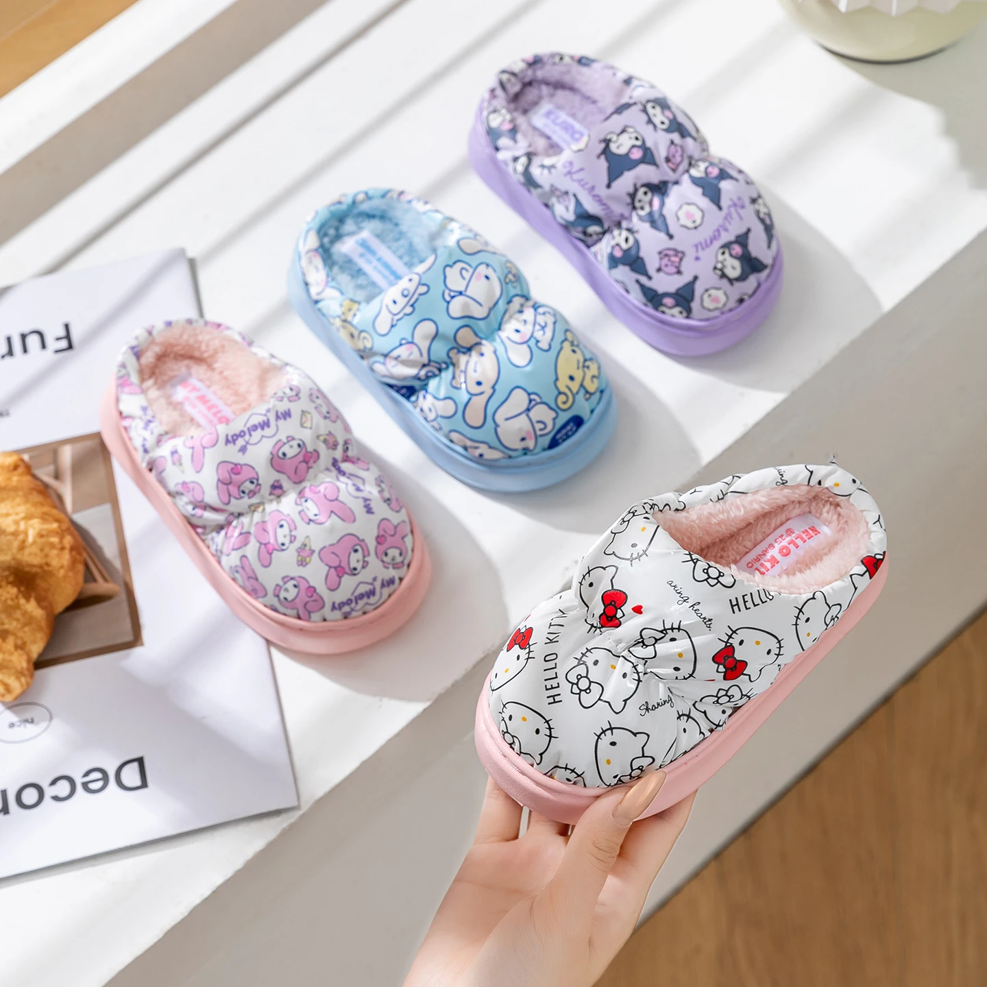 

Sanrio детские женские и мужские домашние тапочки на толстой мягкой подошве, домашние плюшевые тапочки, противоскользящие термотапочки, домашние зимние тапочки