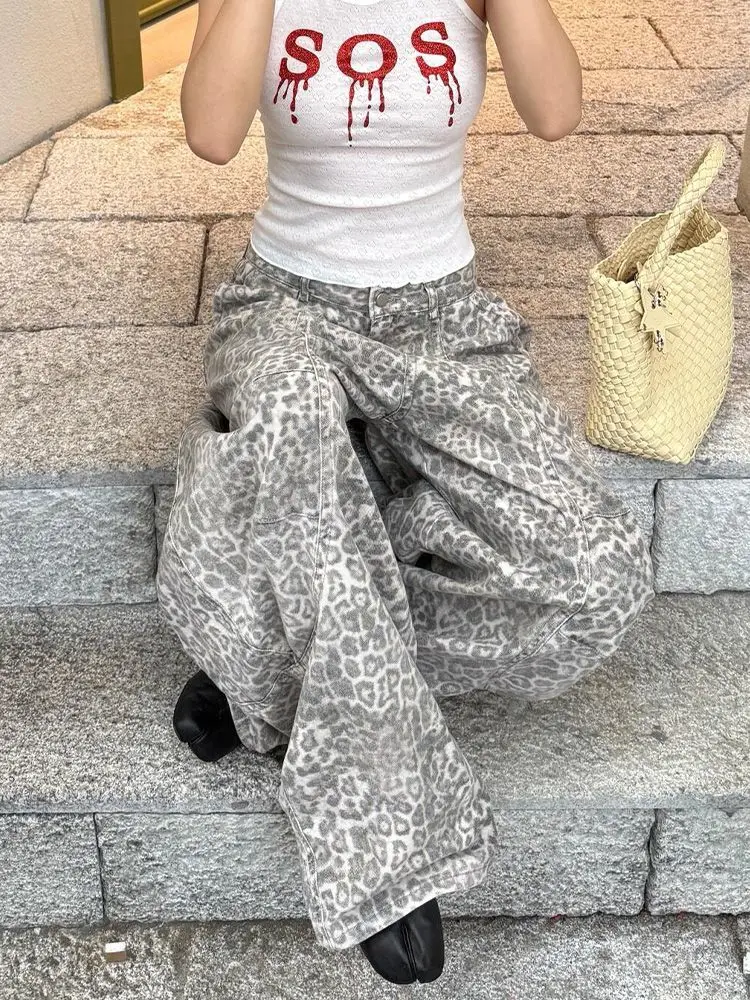 جينز ريترو قديم مغسول بطبعة الفهد عالي الخصر للنساء Y2k جينز فضفاض واسع الساق