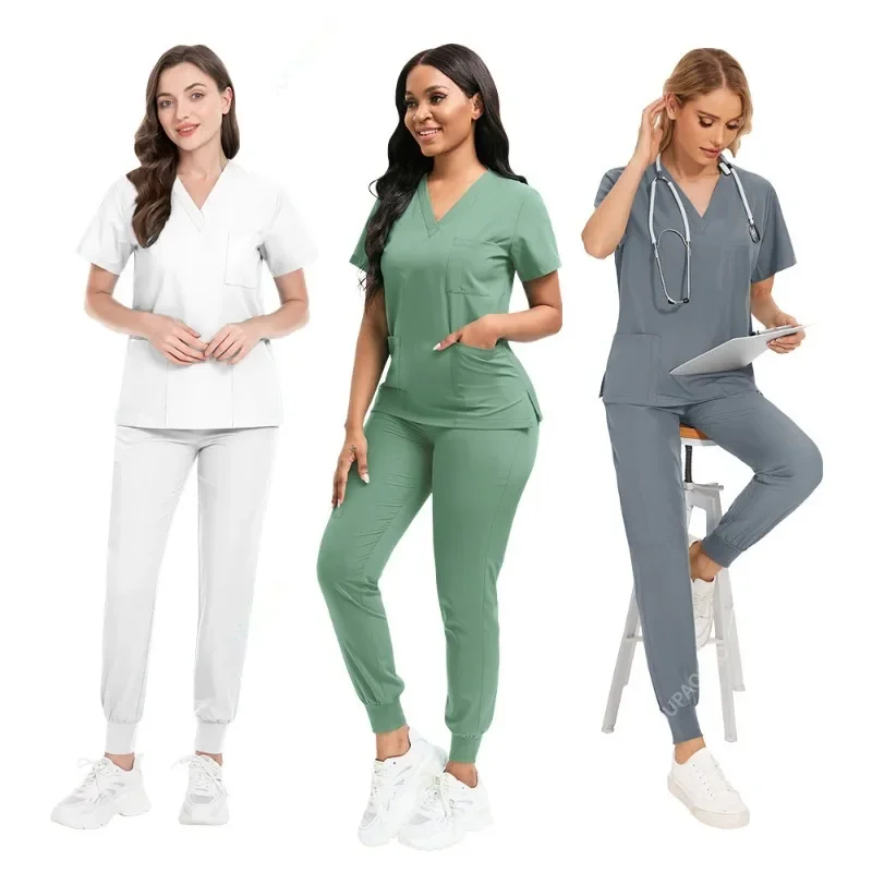 Stretch Scrub Top e Calças Conjunto, Uniformes Médicos, Uniforme de enfermeira, Doutor Cirurgia Macacão, Salão de beleza Workwear, Novo