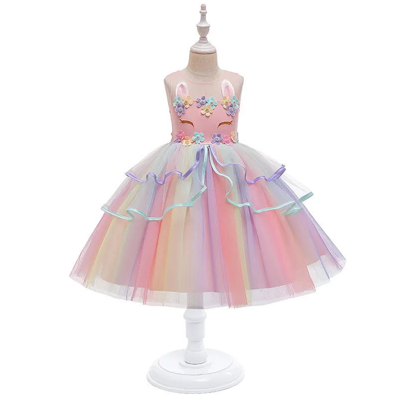 

A Rainbow Unicorn Dress Costume For Girls Princess Fancy Dress with Headband and Necklace Girls Cosplay Birthday Party Dress up