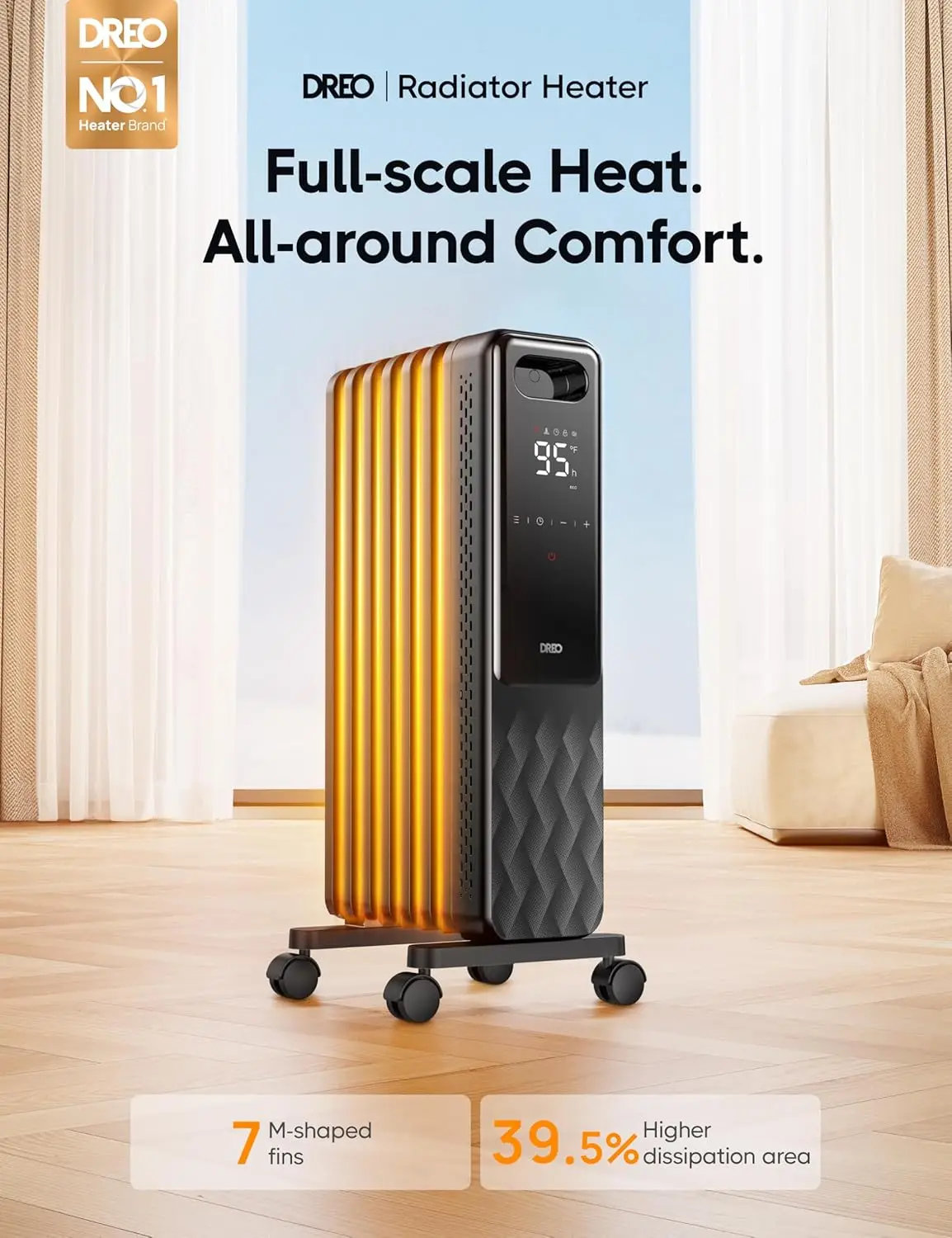 Oil Filled Radiator, Electric Radiant Heaters for indoor use Large Room with Remote Control, Child Lock, 4 Modes, Overheat