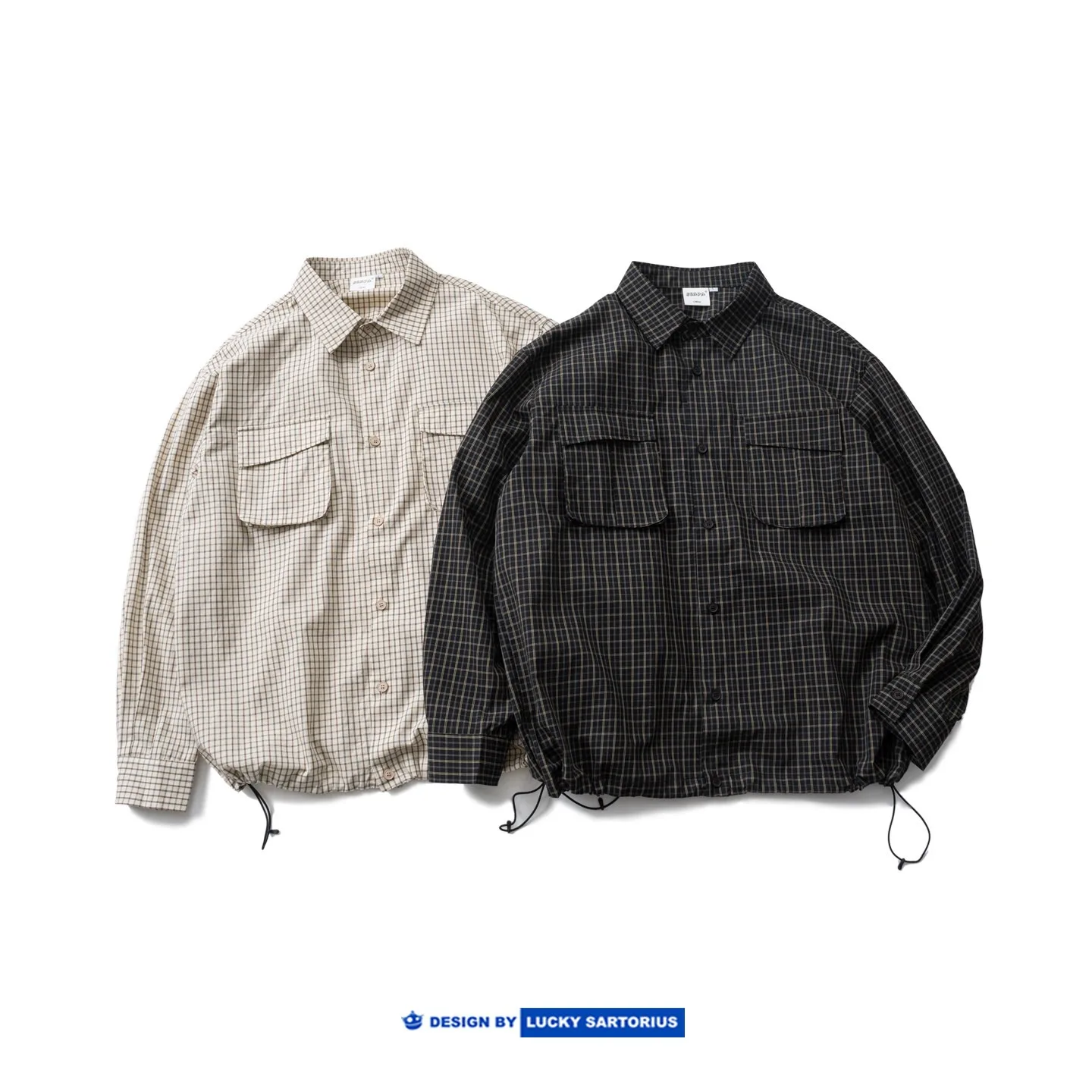 2026 Spring New Checkered Lightweight Breathable Shirt Men's Retro Casual Pocket Drawstring Coat