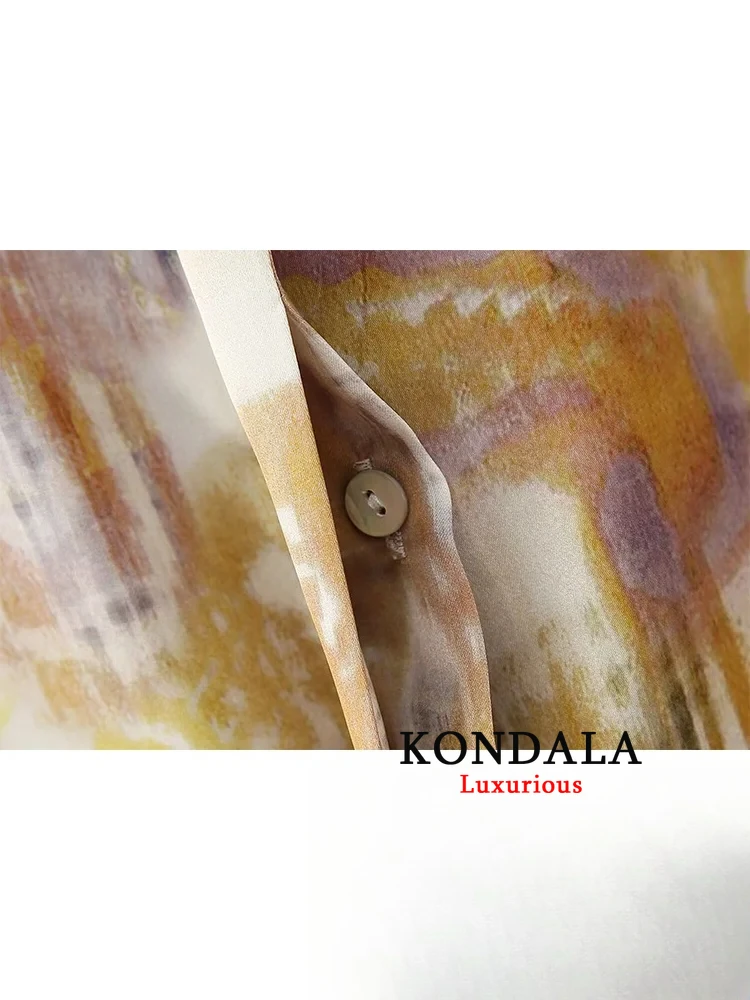 KONDALA بلوزة نسائية كلاسيكية مطبوعة غير رسمية بأكمام طويلة وياقة مقلوبة بلوزة فضفاضة واحدة الصدر موضة 2024 قمصان صيفية