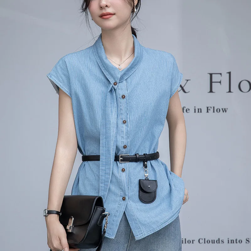

Blue denim shirt women's summer small fly sleeves chic salt style Korean style outfit commuting waist cinched top