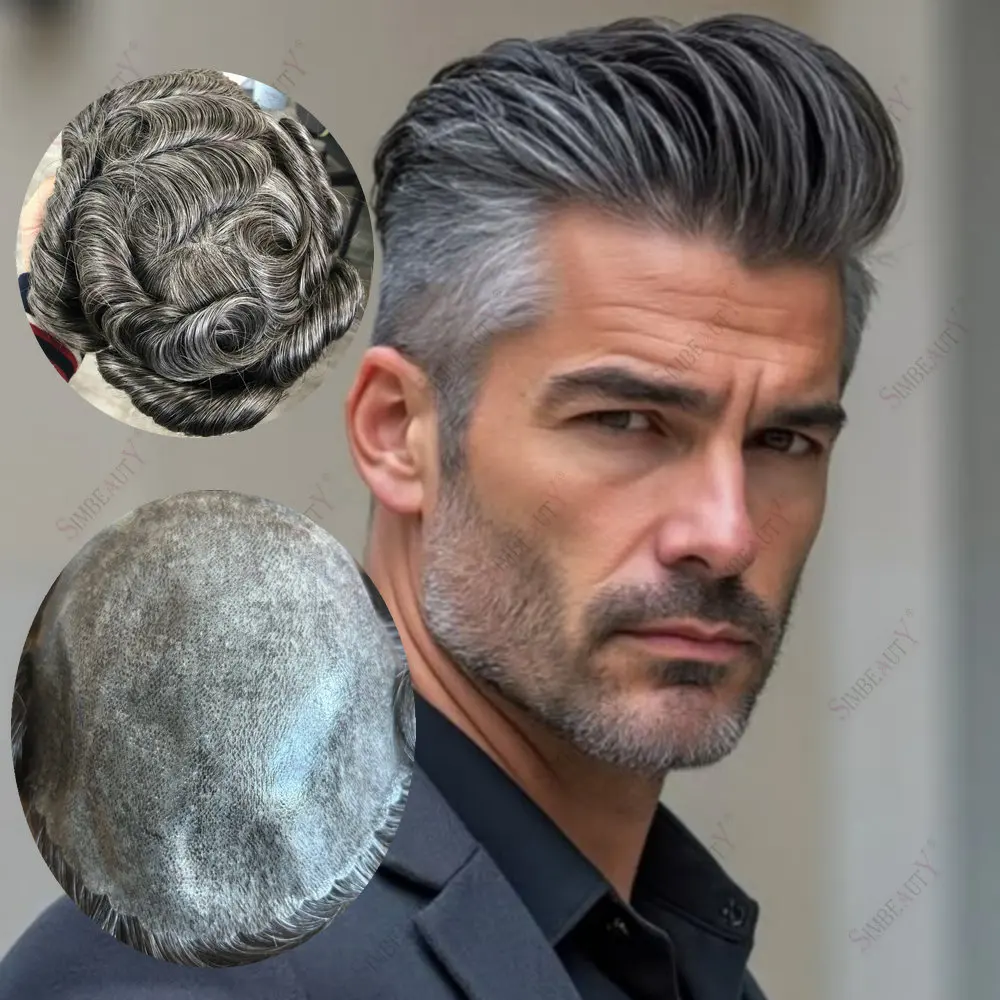 

Инъекционный парик для кожи 1b50, серый, черный, 0,1 мм, прочный полный парик из искусственной кожи для мужчин, натуральный мужской протез волос, система человеческих волос, капиллярная система