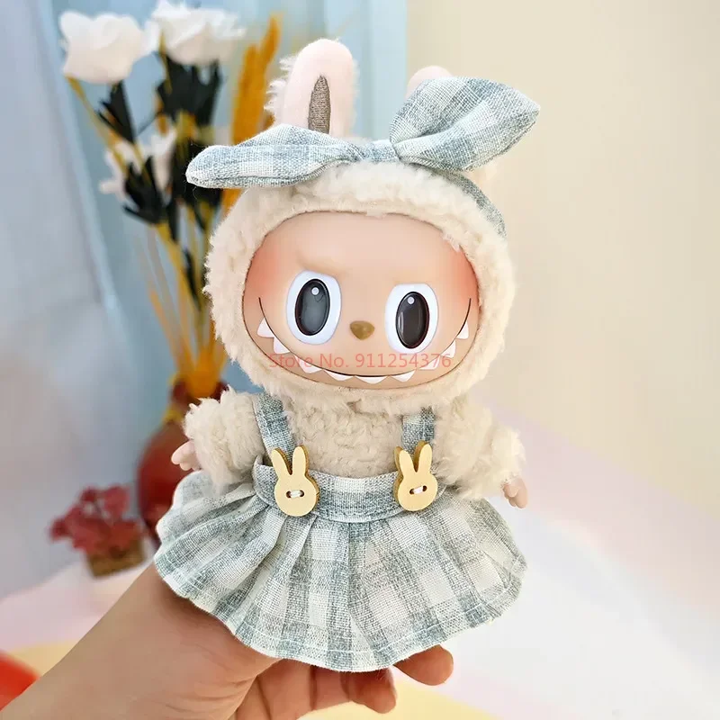 17cm Labubu Doll Clothes Heartbeat Macaron Baby Pendant Clothes T-shirt Button Up Suspender Pants Clothes Replacement Girl Gift