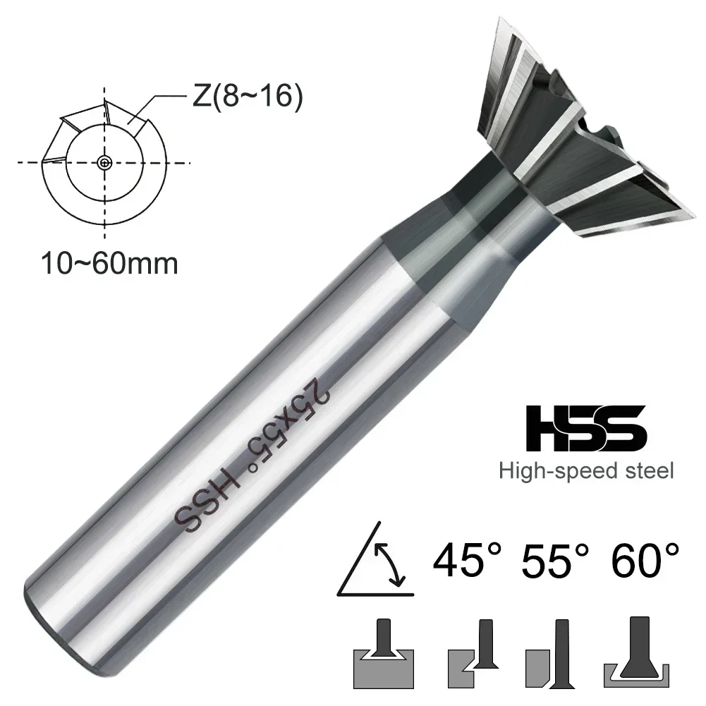 

45°/55°/60° HSS Dovetail Cutter 10-60mm | High Speed Steel End Mill for Copper/Aluminum/Cast Iron