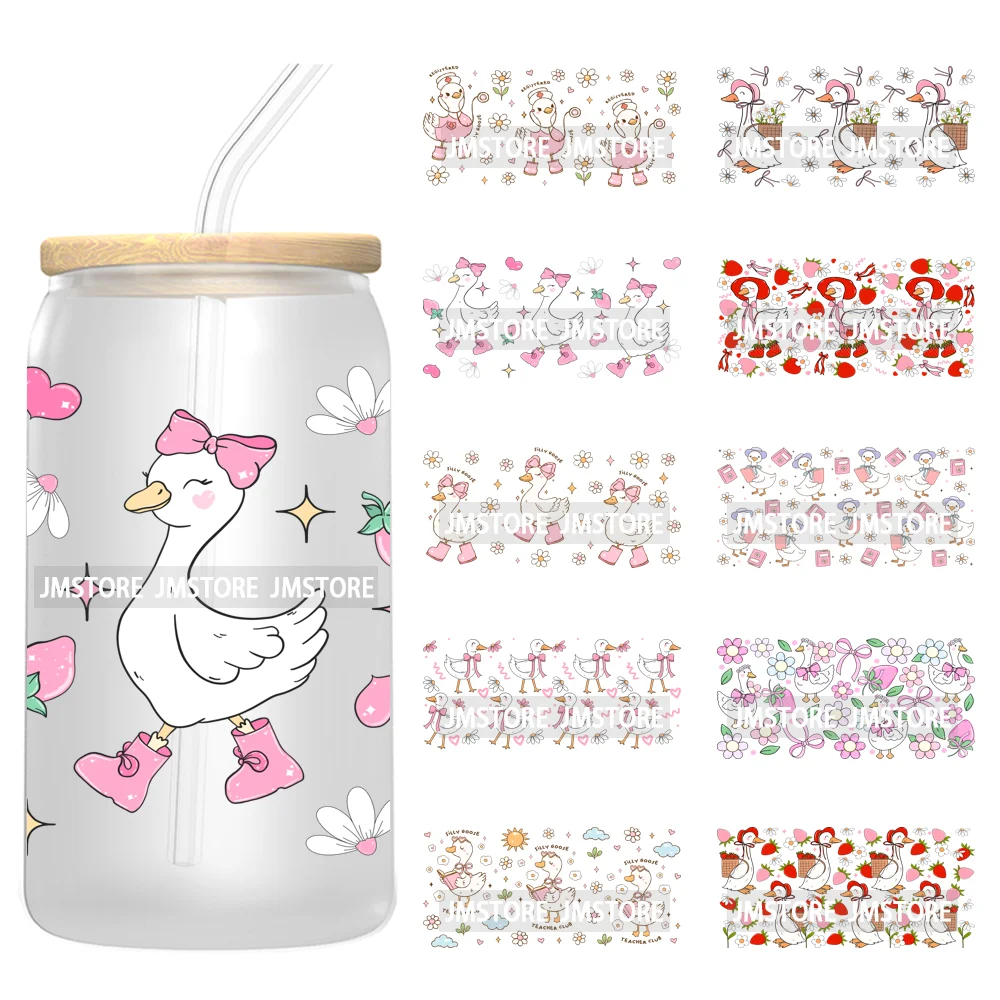 

Pink Coquette Goose Spring Floral Girly UV DTF Cup Wrap Ready To Apply UV Stickers Waterproof For 16OZ Libbey Glass Cup Tumbler