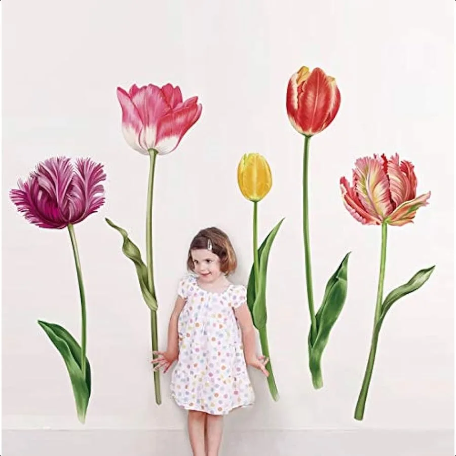 

5 Large Tulip Flowers Wall Decals Garden Floral Wall Art Stickers Bedroom Living Room Home Decor Gifts for Mom H: 37 Inches