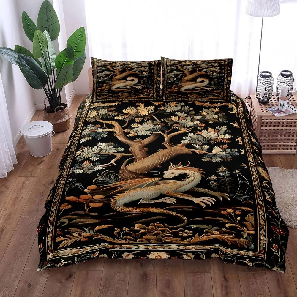 Medieval Pastel Dragon Duvet Cover Set EU Single Double King US Twin Full Queen Size Bed Linen Set