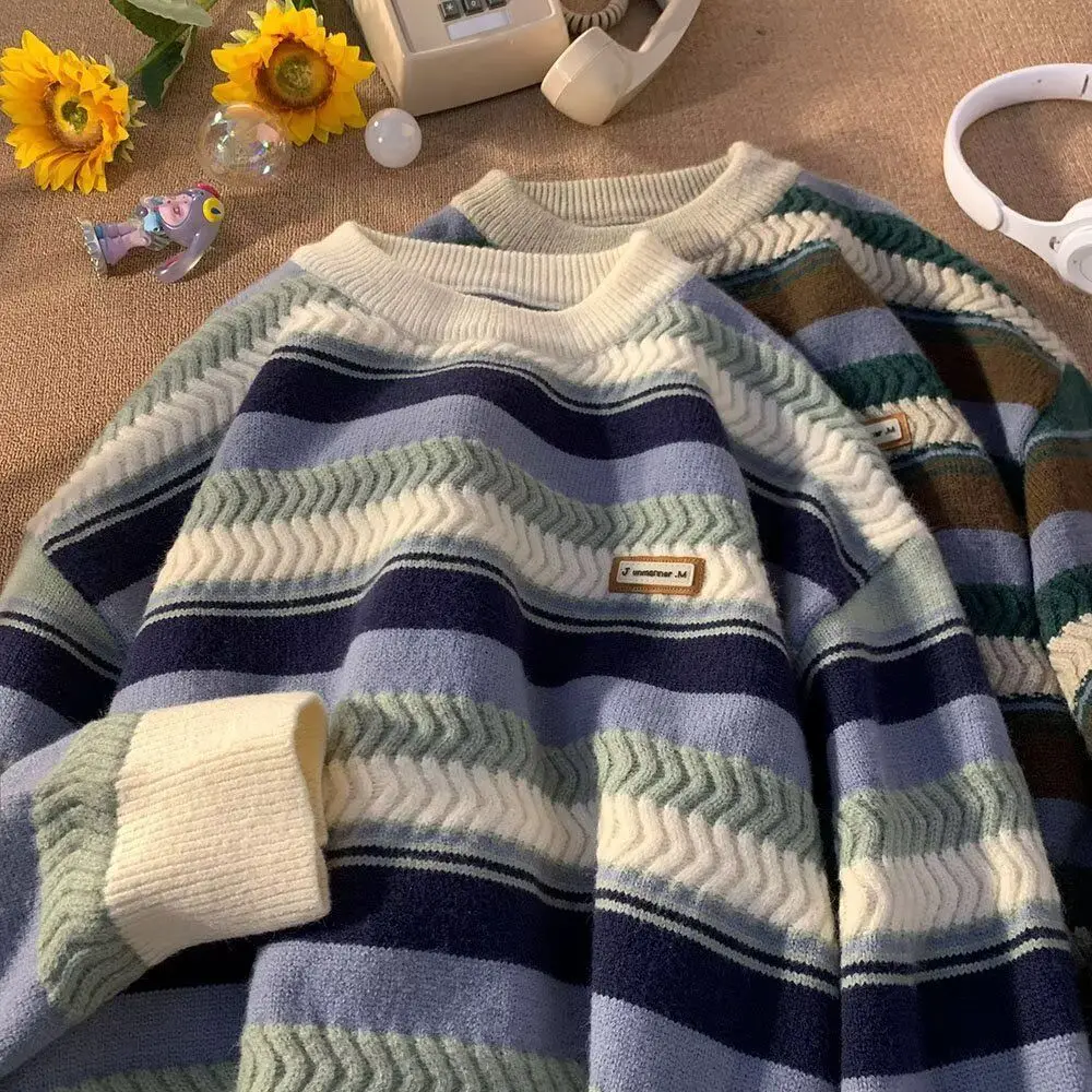 

Loose Men's Knitted Sweater Soft Cozy Striped Design Casual Faionable Youthful All-Match Zipper Closure Polyester Fiber