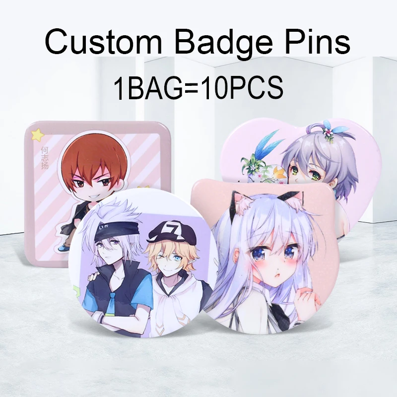 Épingles d'insigne de coeur carrées personnalisées, photo d'anime de dessin animé mignon, revers en métal, bouton personnalisé, 18, badges pour cadeaux, 10 pièces