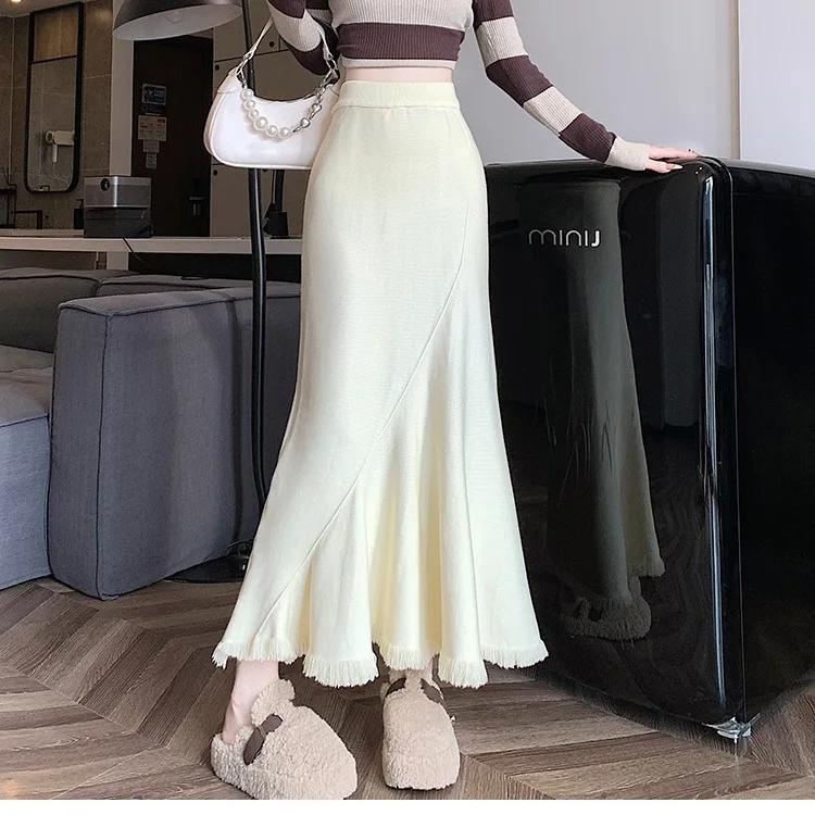 

Осенне-зимняя женская утолщенная юбка-рыбий хвост с необработанными краями и бахромой, юбка трапециевидной формы средней длины с высокой талией