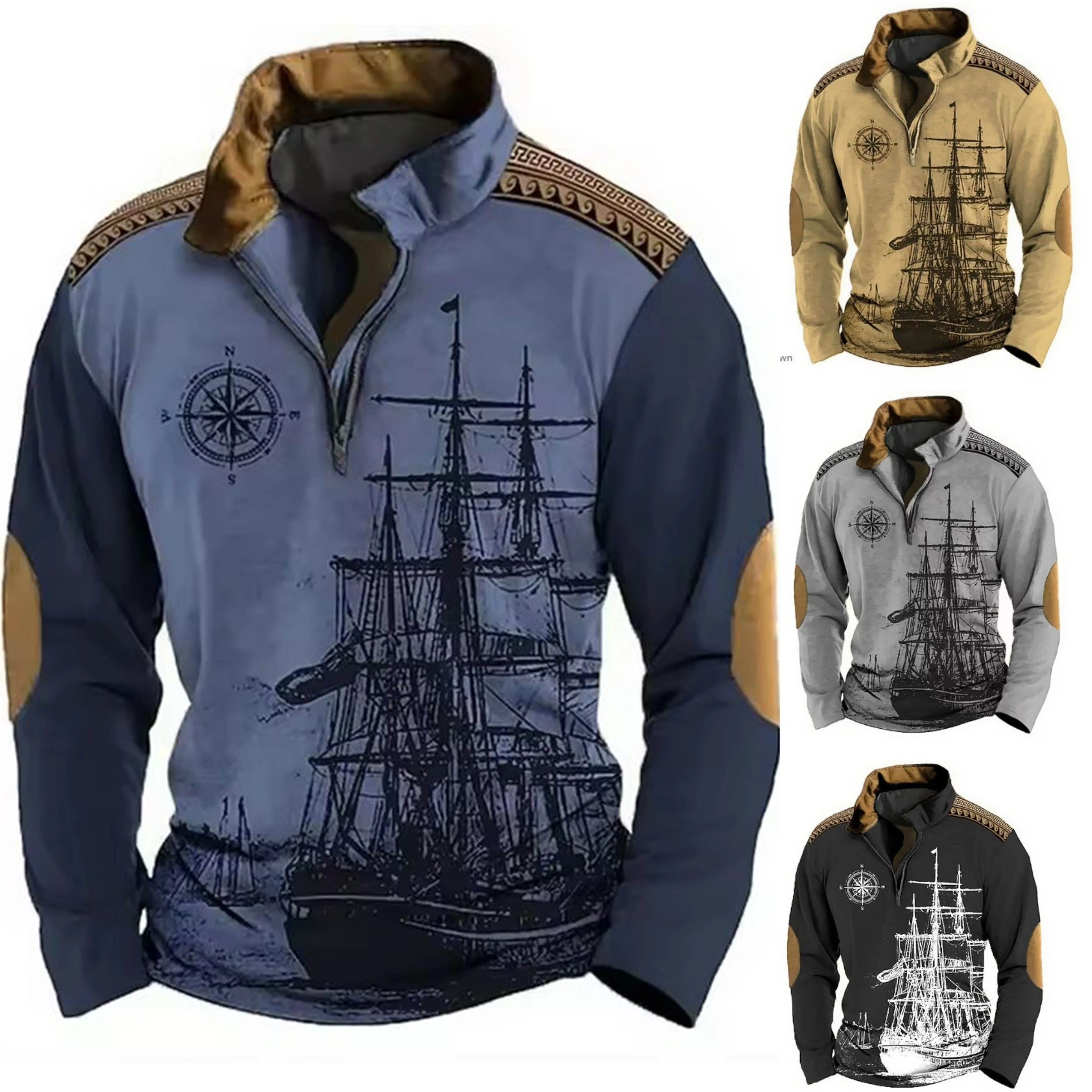 

Модная рубашка поло Sailing Adventure, мужская повседневная рубашка поло в стиле ретро с половиной молнии и длинным рукавом, уличная модная рубашка поло