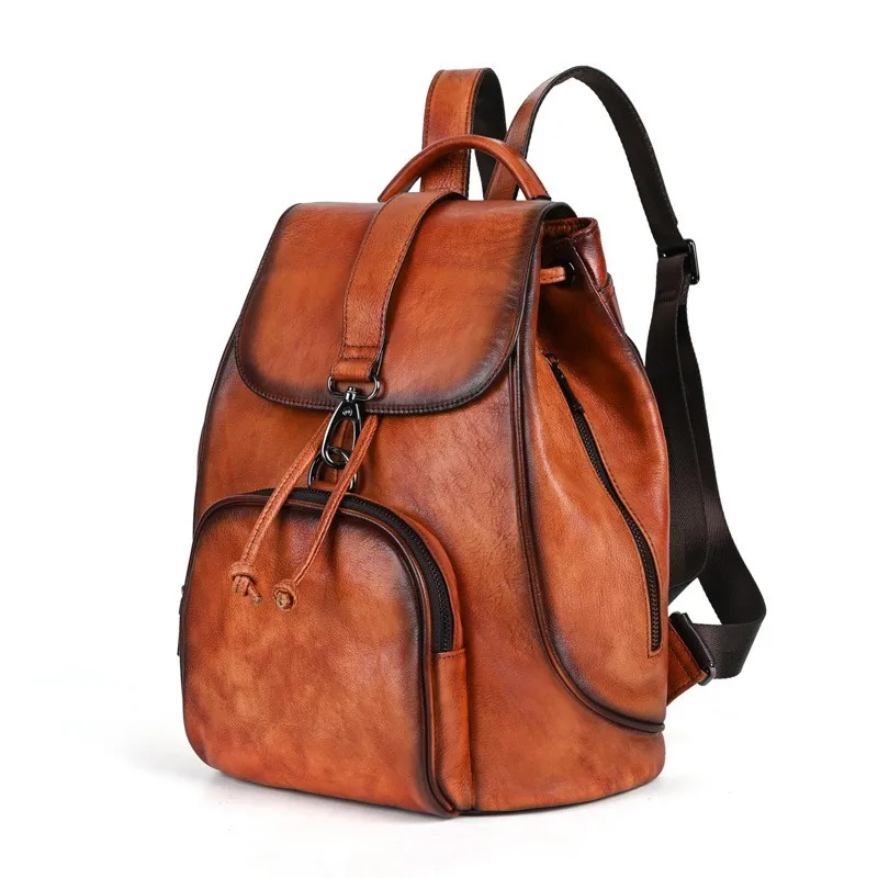 Johnature Retro Genuine Leather Women Backpack Travel Bag 2024 New Leisure Large Capacity Cowhide Solid Color Backbag