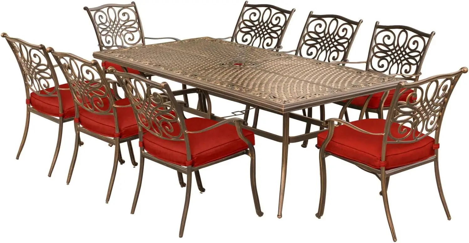 

Aluminum Outdoor Patio Dining Set with Autumn Berry Red Cushions 8 Dining Chairs and Aluminum Rectangular Dining Table