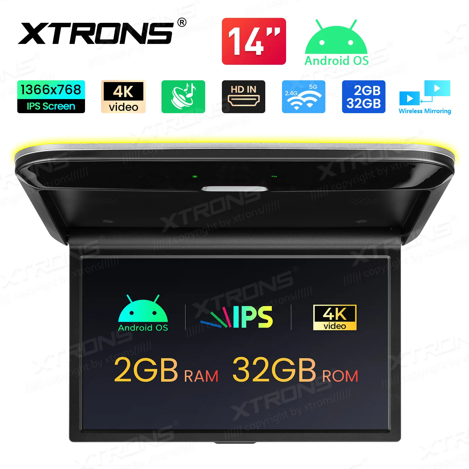 XTRONS 14 inch Android 12 Quad Core 2+32GB Auto Multimedia Speler HD Scherm Omklapbaar Auto Monitor 4K Video Auto Dakmontage